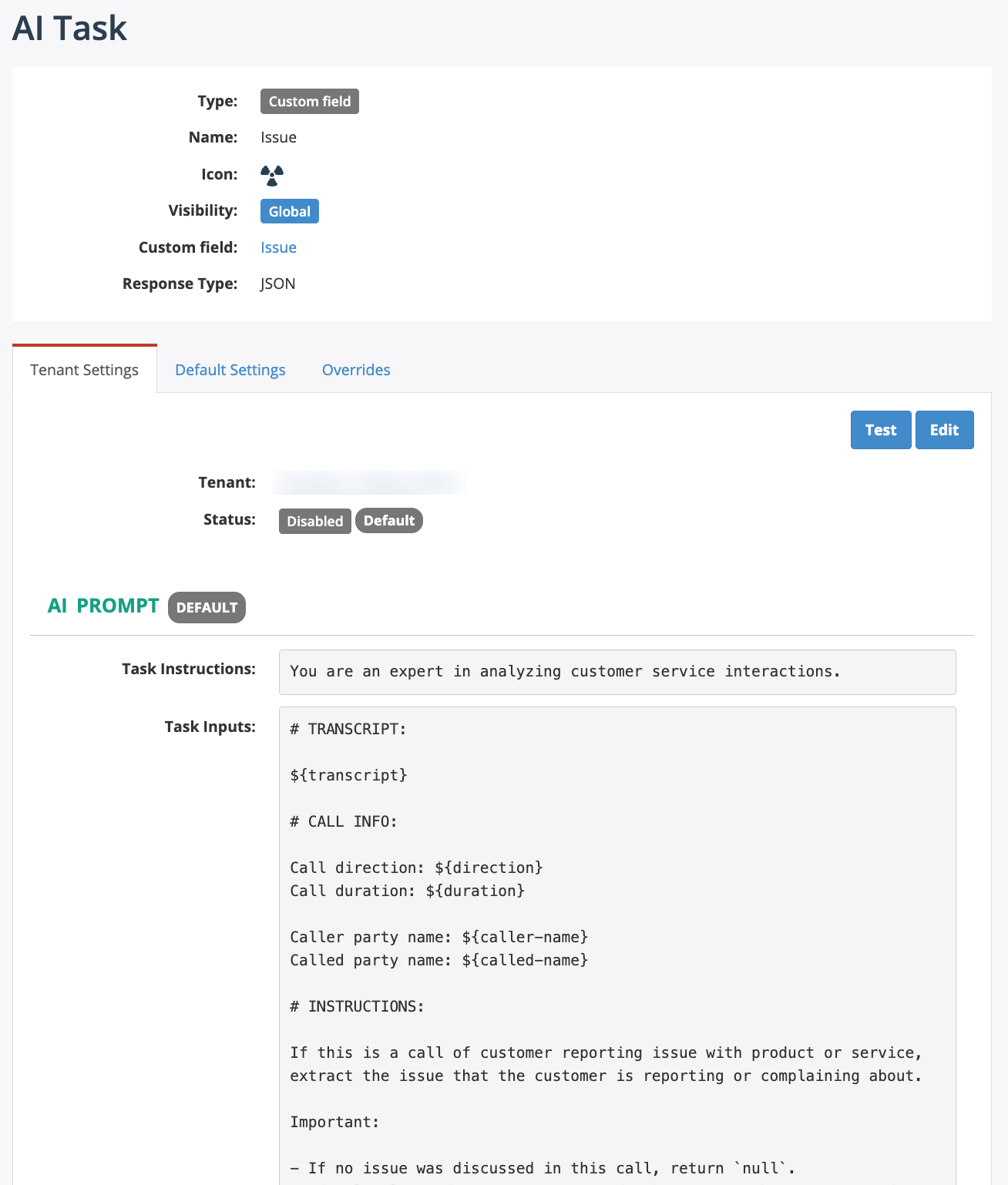 AI Task - Tenant settings view