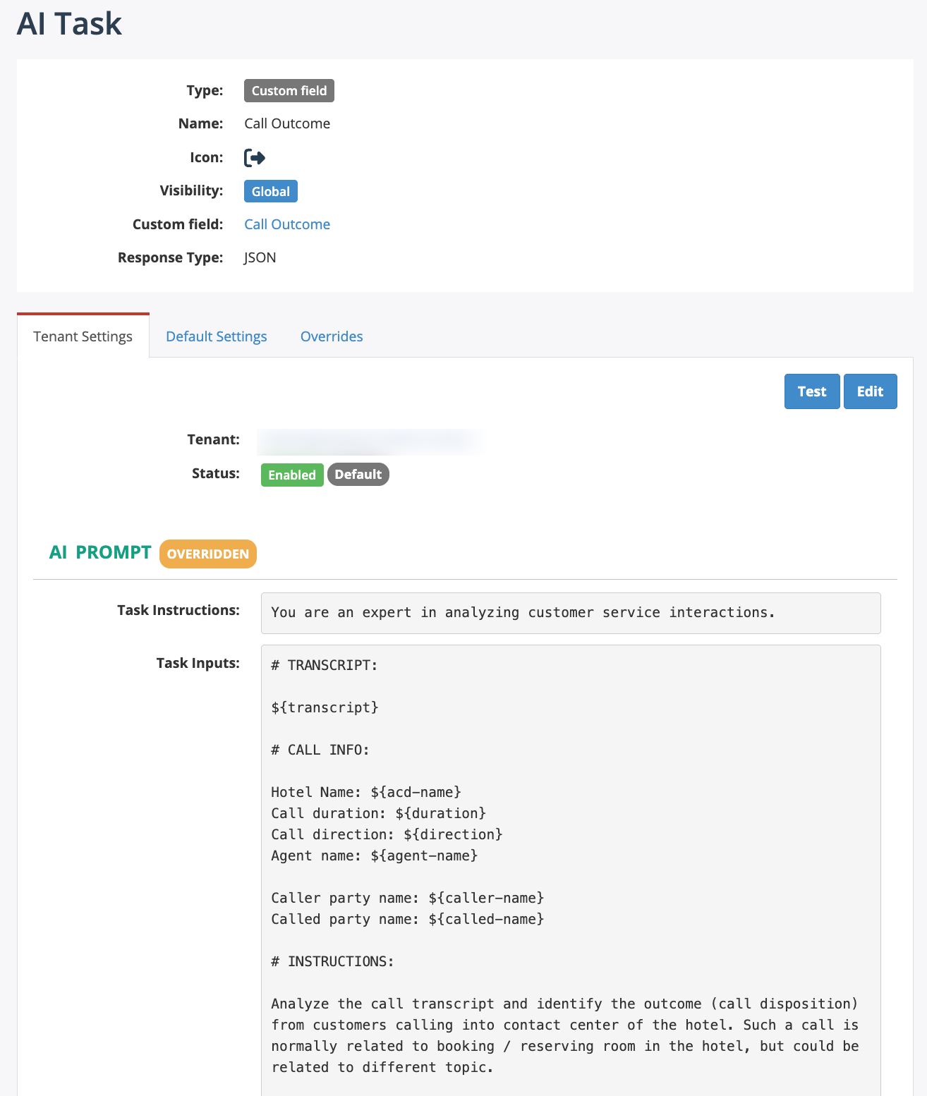 AI Task with Test button