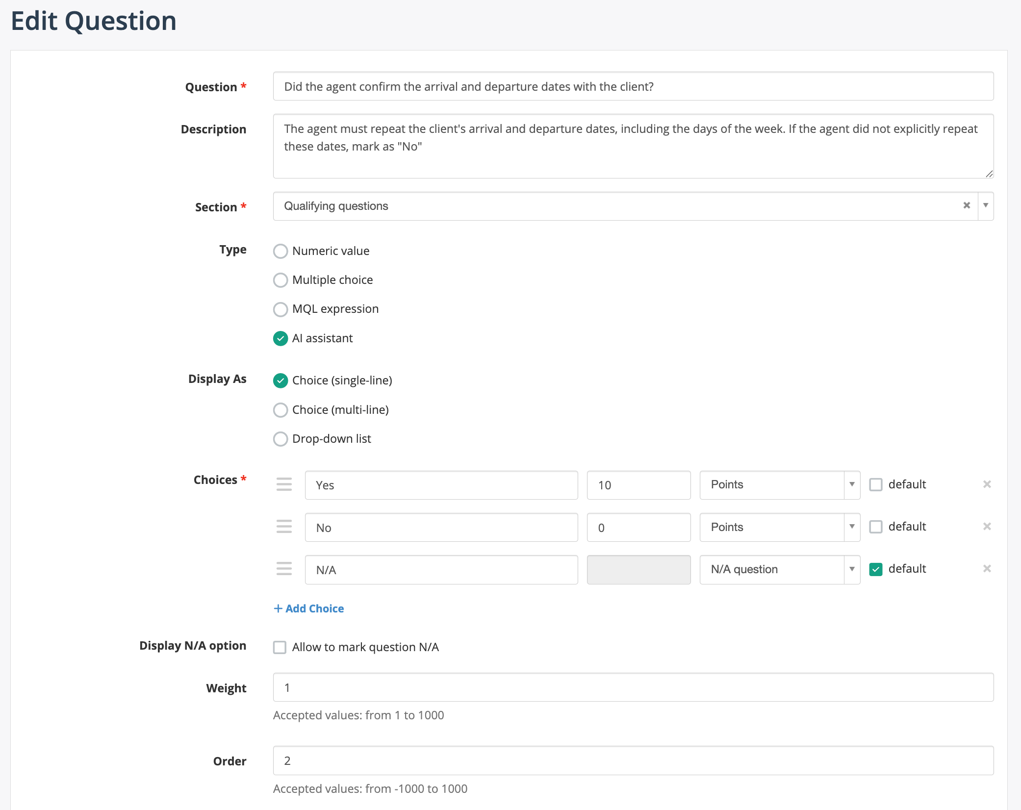 Auto QA Question Configuration