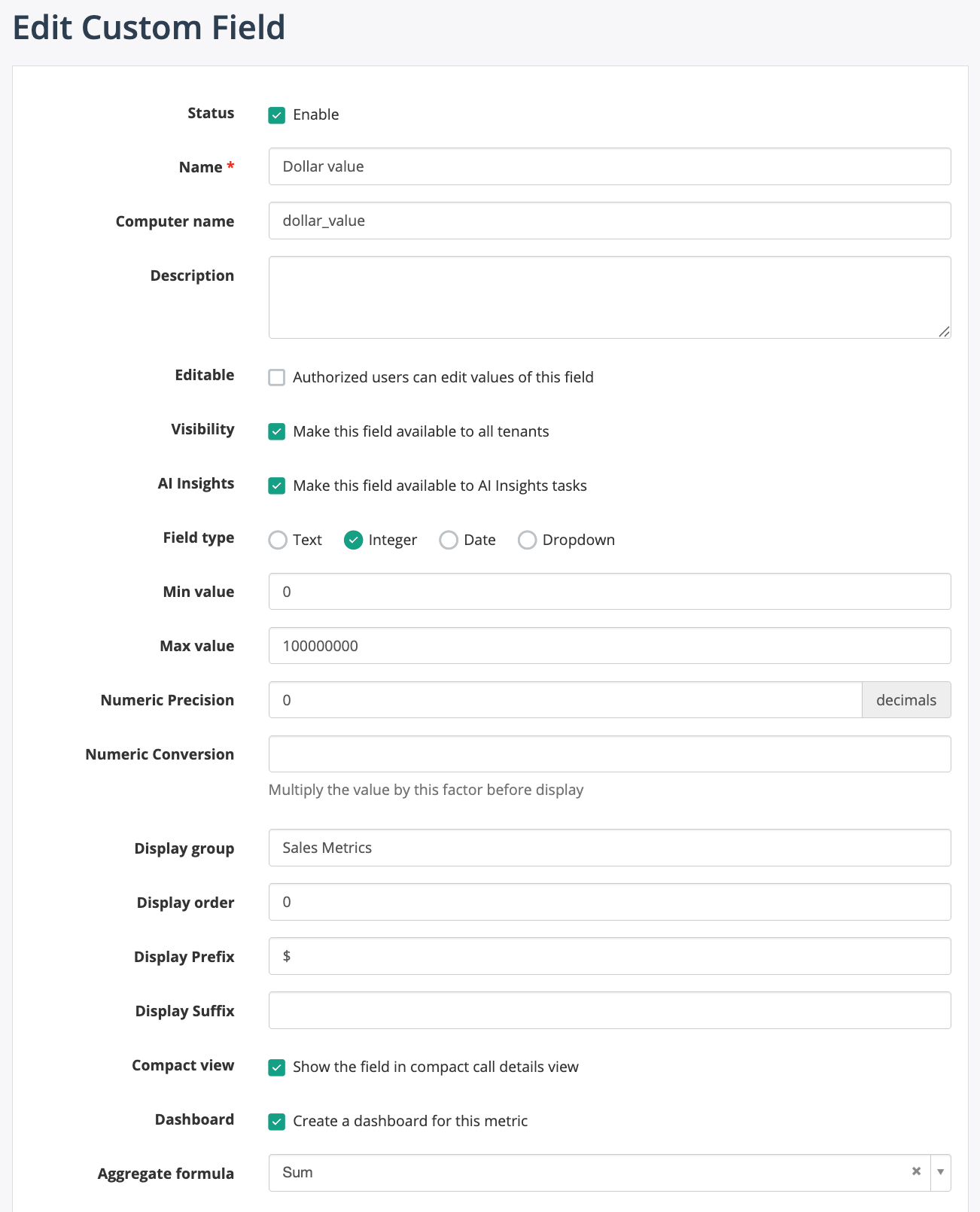 Custom Field configuration - Integer type