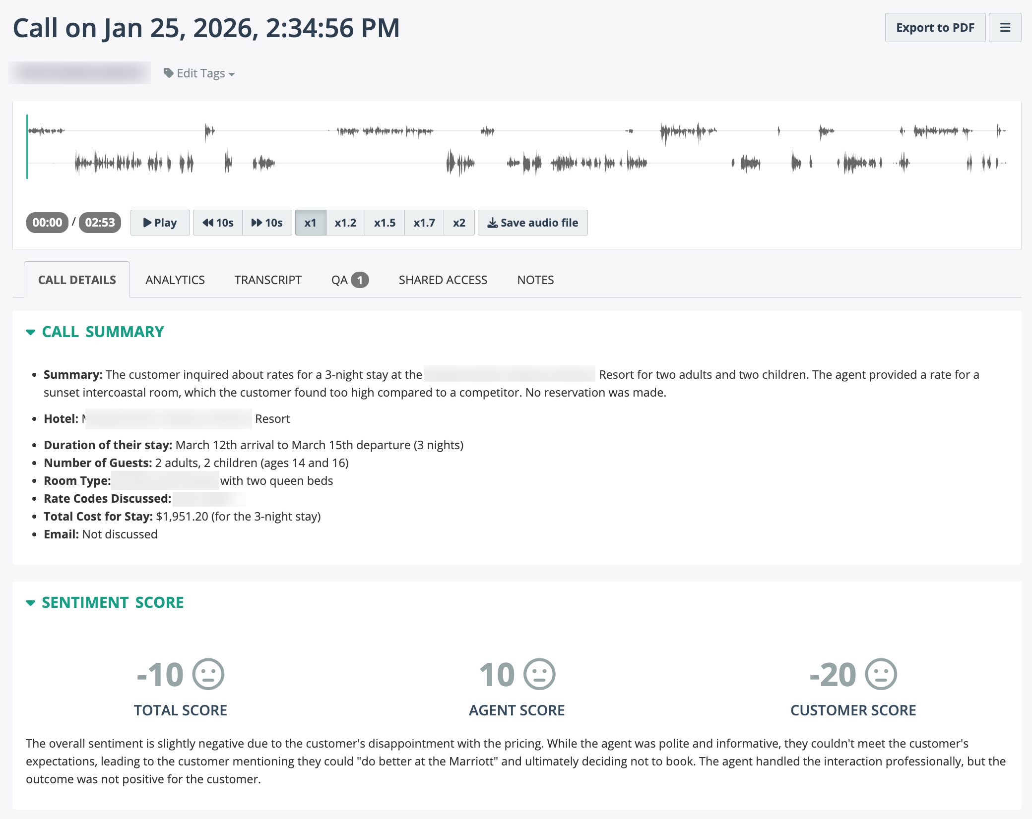 Call Details showing AI-generated call summary and insights