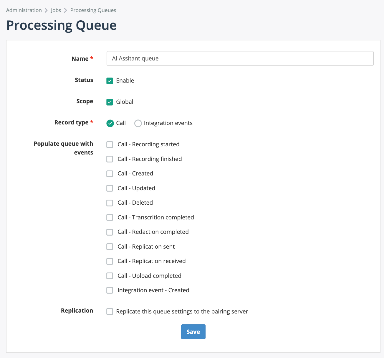 AI Assistant Processing Queue configuration