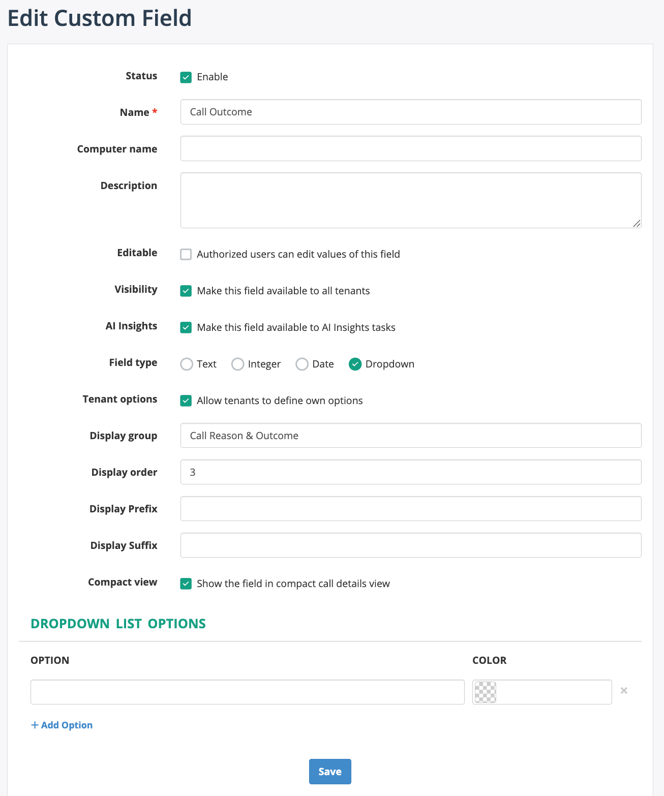 Custom Field - Dropdown settings