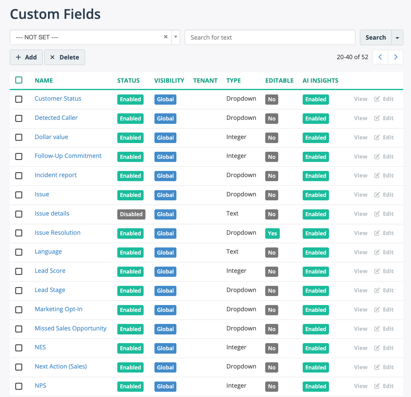 Custom Fields list