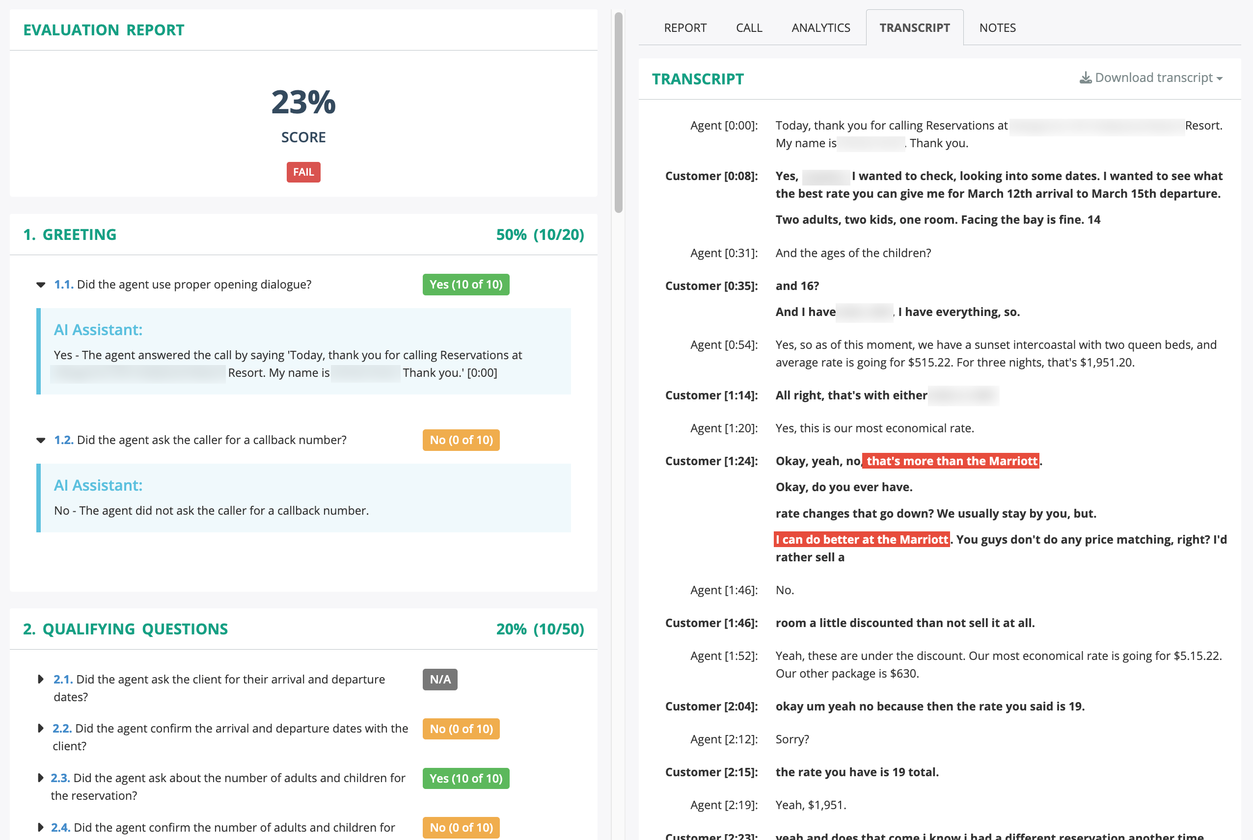 Auto QA Report with Transcript
