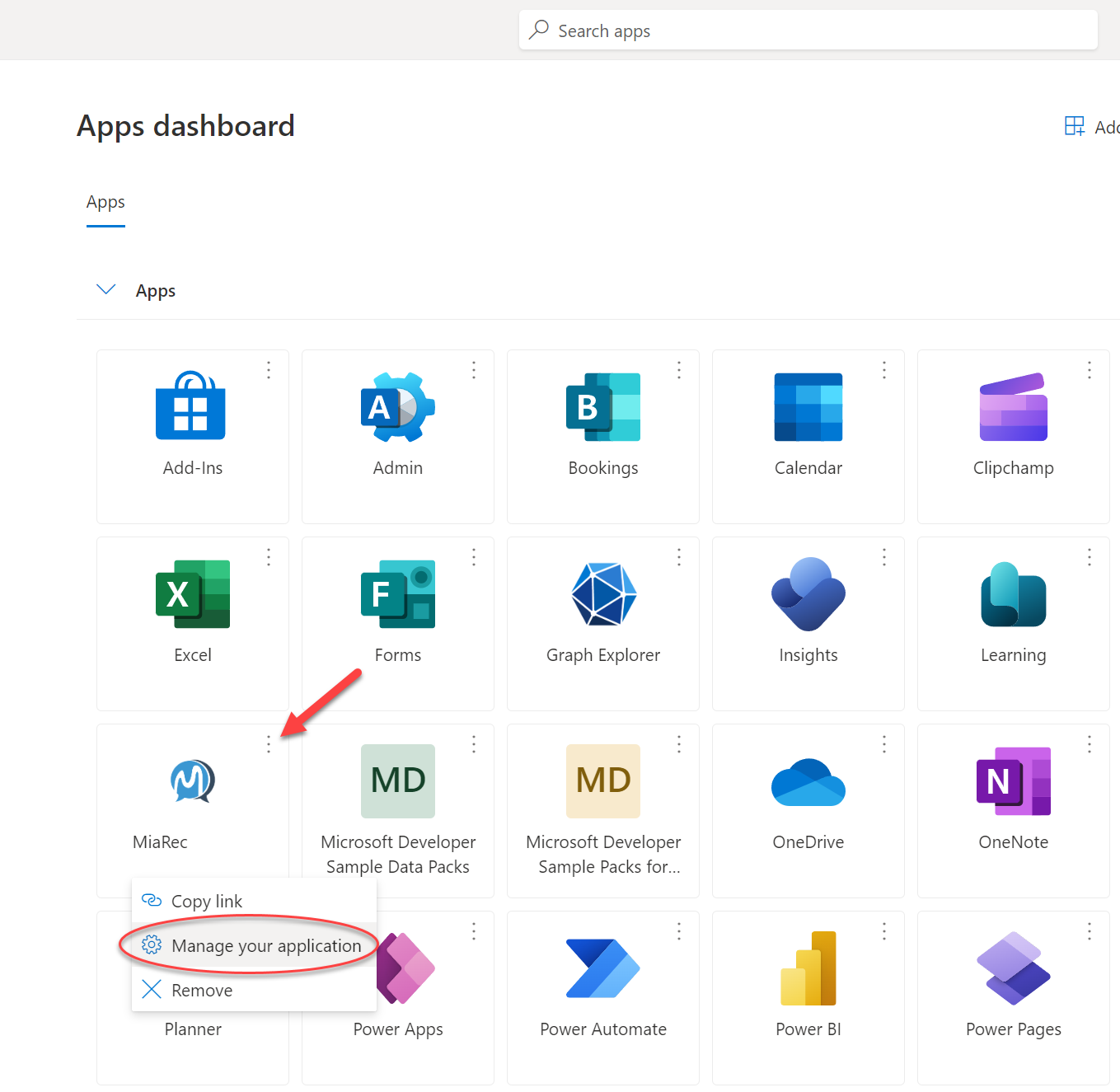 Microsoft apps dashboard