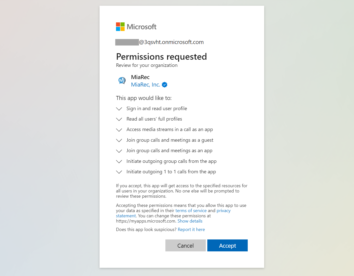 MiaRec add Microsoft Teams integration - Grant Admin consent