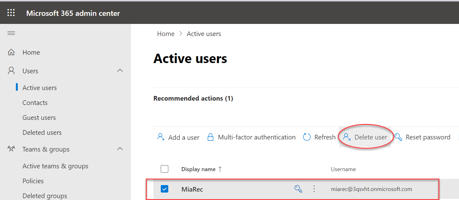 MiaRec delete Microsoft Teams integration - delete application user