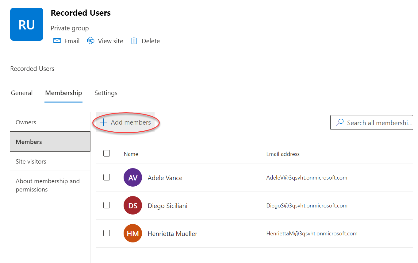 MiaRec add Microsoft Teams integration - Recorded Users - add members