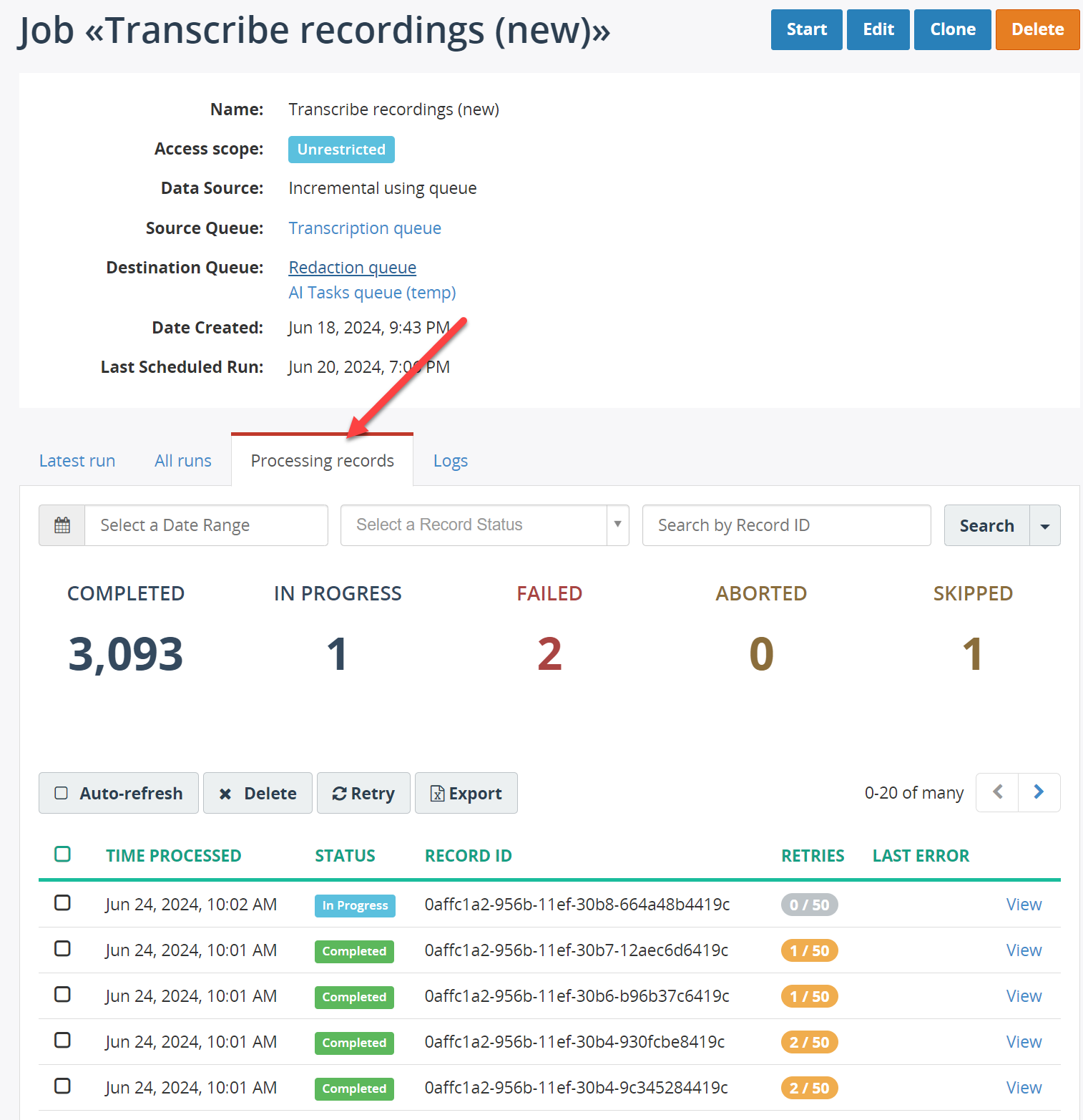 Job Processing Records