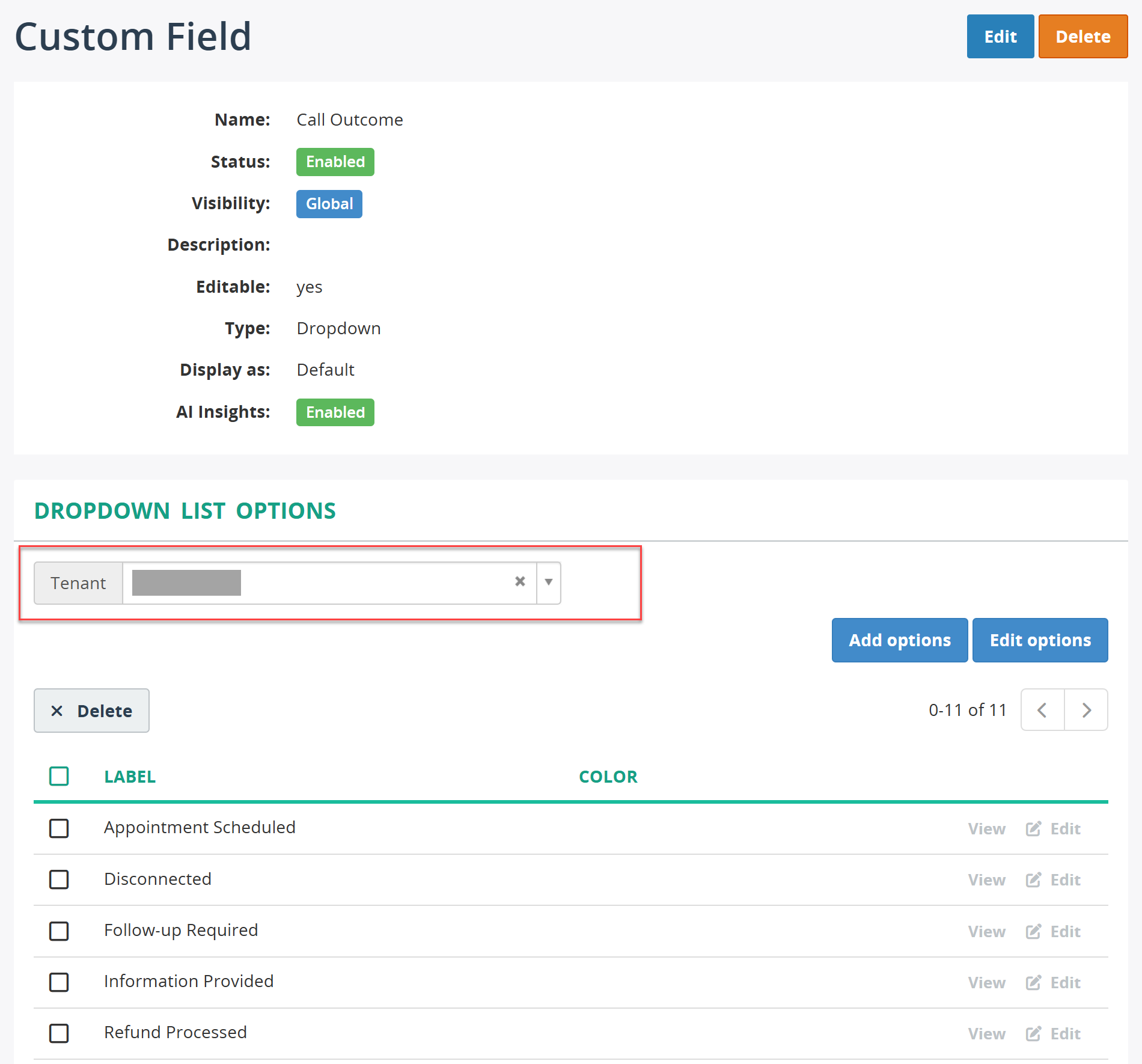 Custom Fields - Tenant options