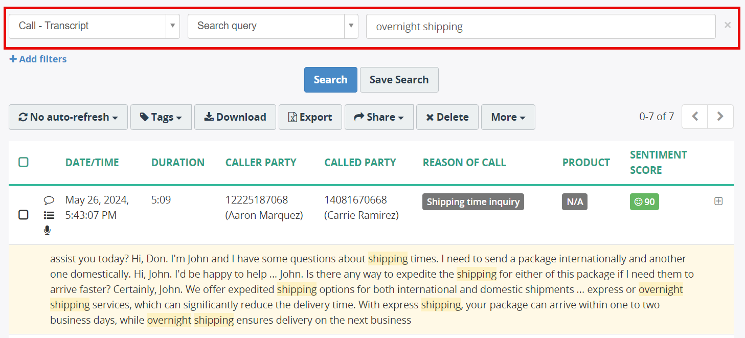 Search in transcript