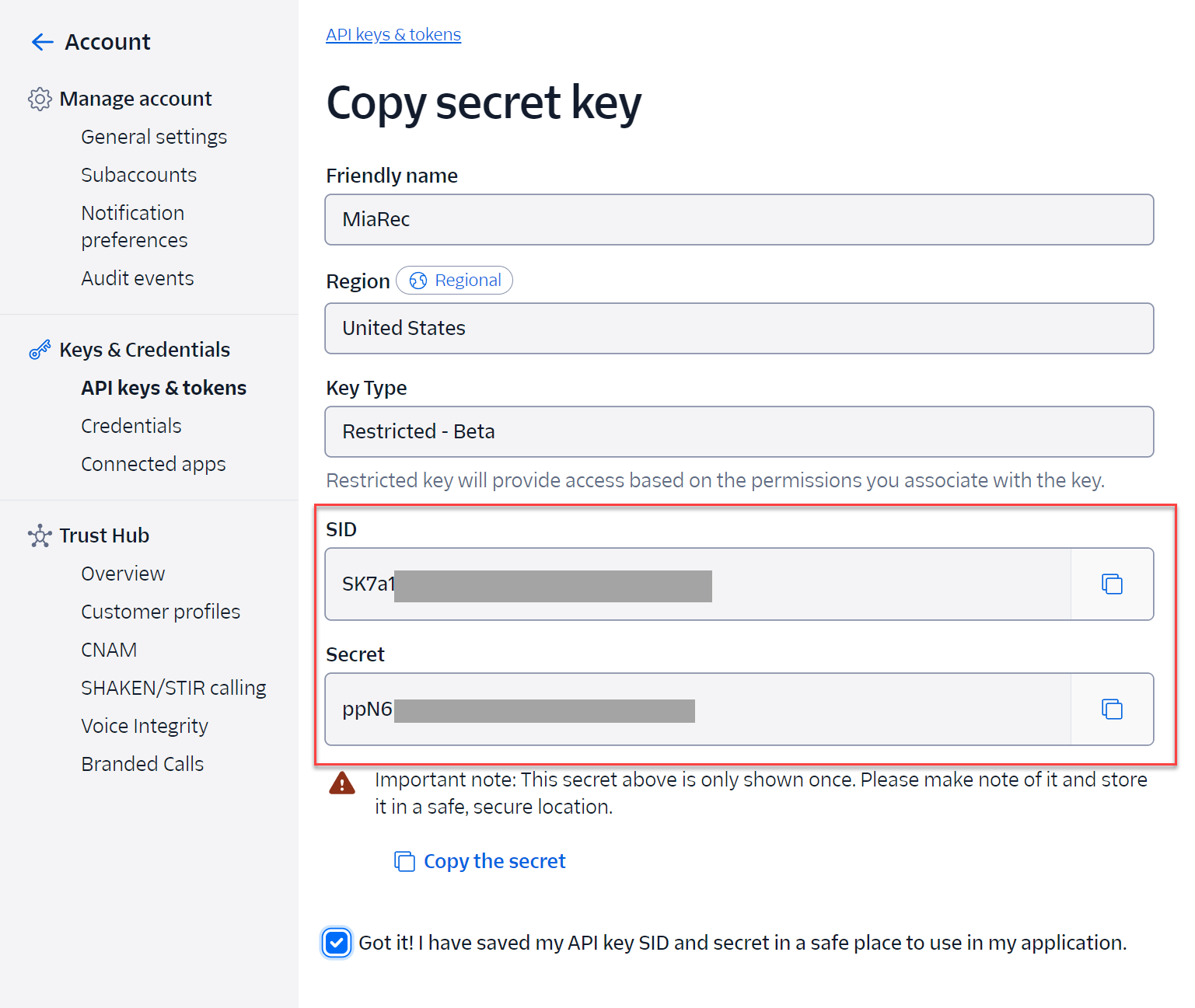 API key credentials