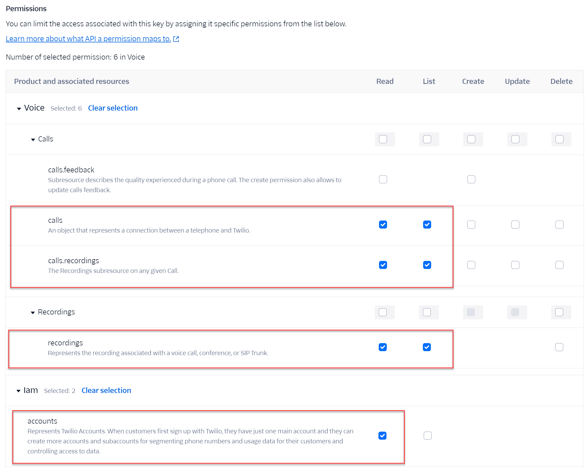 Create API key permissions