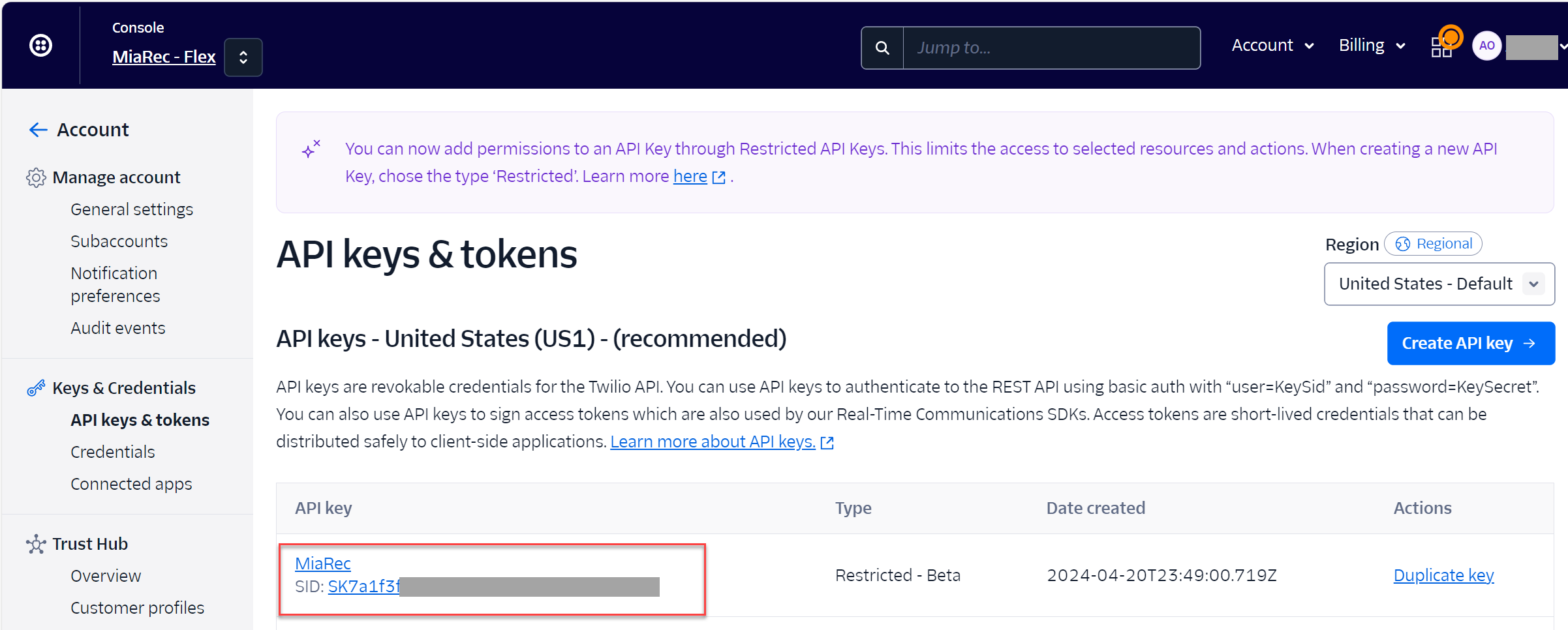 Twilio - Delete API key