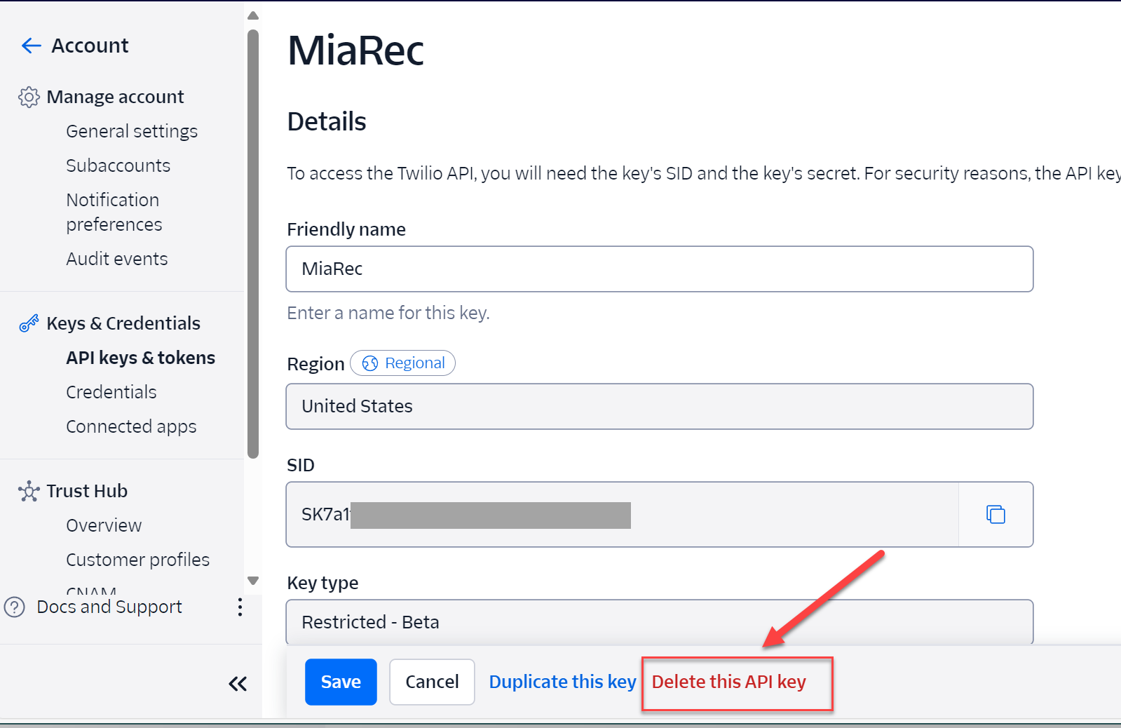 Twilio - Delete API key