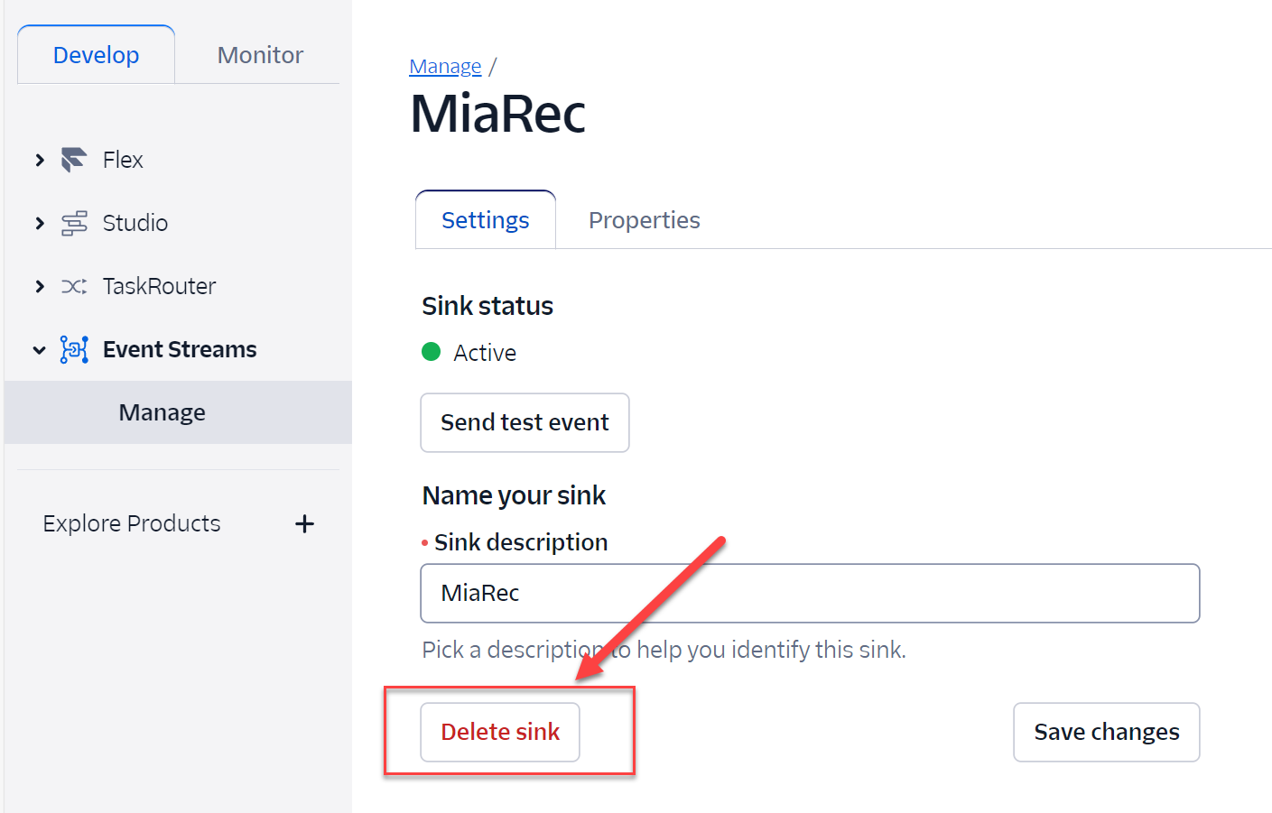 Twilio - Delete Event Stream Sink