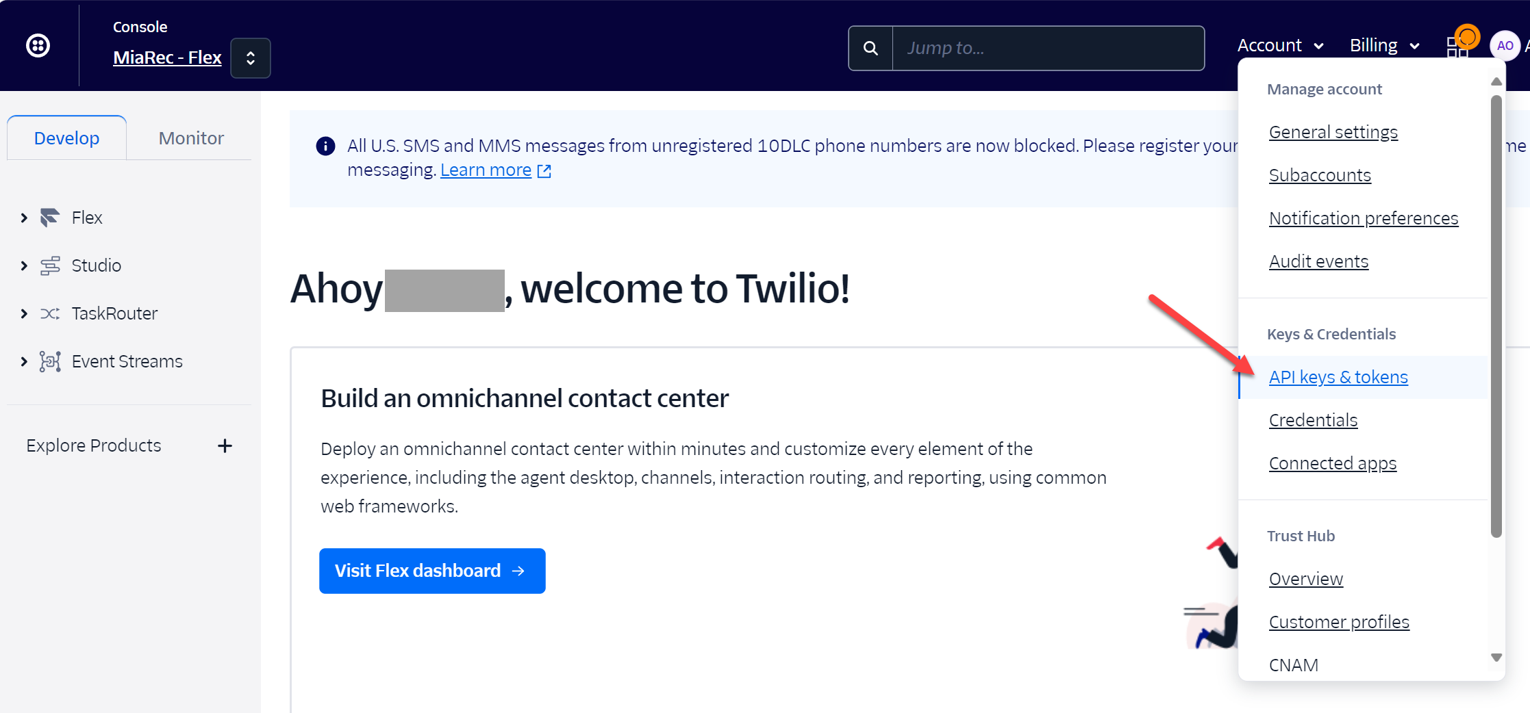 API keys and Credentials popup menu
