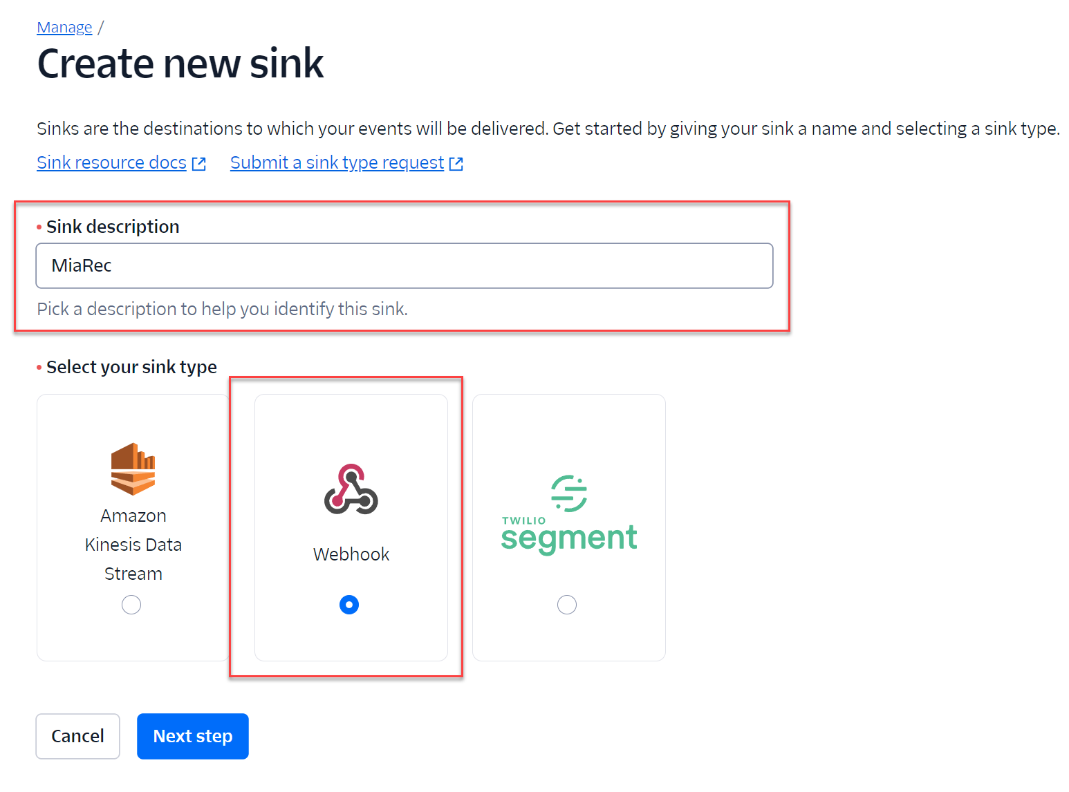 Create Twilio Event Streams Sink