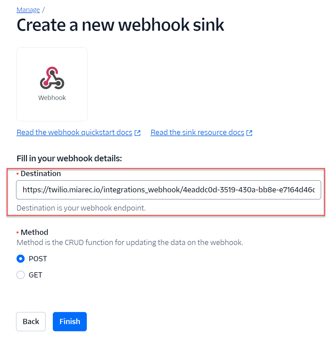 Create Twilio Event Streams Sink